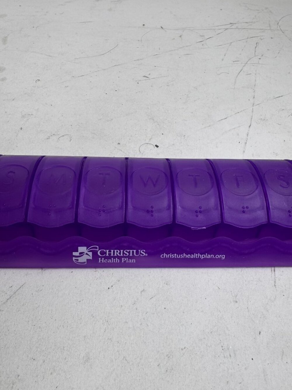 7-Day Weekly Pill Organizer Box Purple Translucent Christus Health Plan Braille